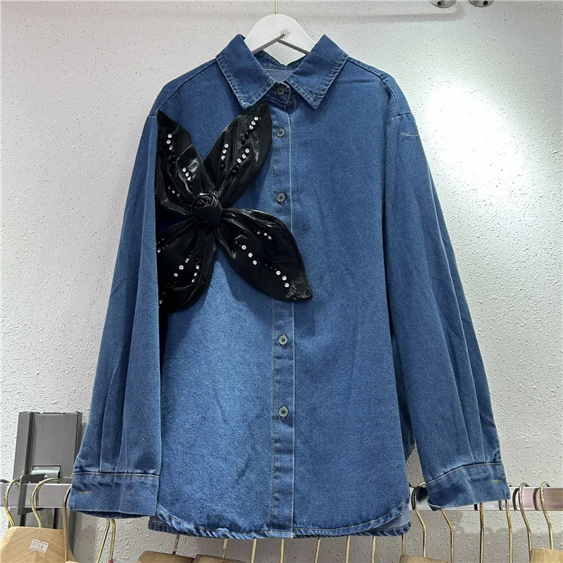 2024 Autumn Trendy Feminine Three-dimensional Flower Long-sleeve Denim Shirts Women's Loose Trendy Denim Tops Ladies Denim Shirt