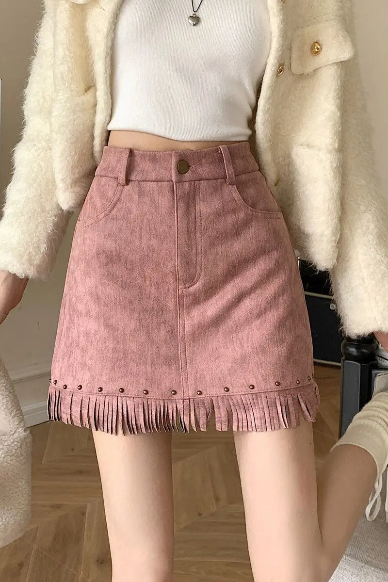 

2025 New Autumn Winter Skirt Women Suede Pink Short Skirt Plus Size Sexy Tassel High Waist Bodycon Fashion Outfit Tops