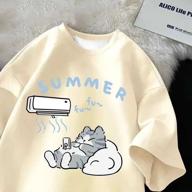 

Summer Japanese Cartoon Cute Cat Fun 3D Printed Short Sleeved T-shirt for Women, Loose Casual Half Sleeved Plus Size Shirt Top
