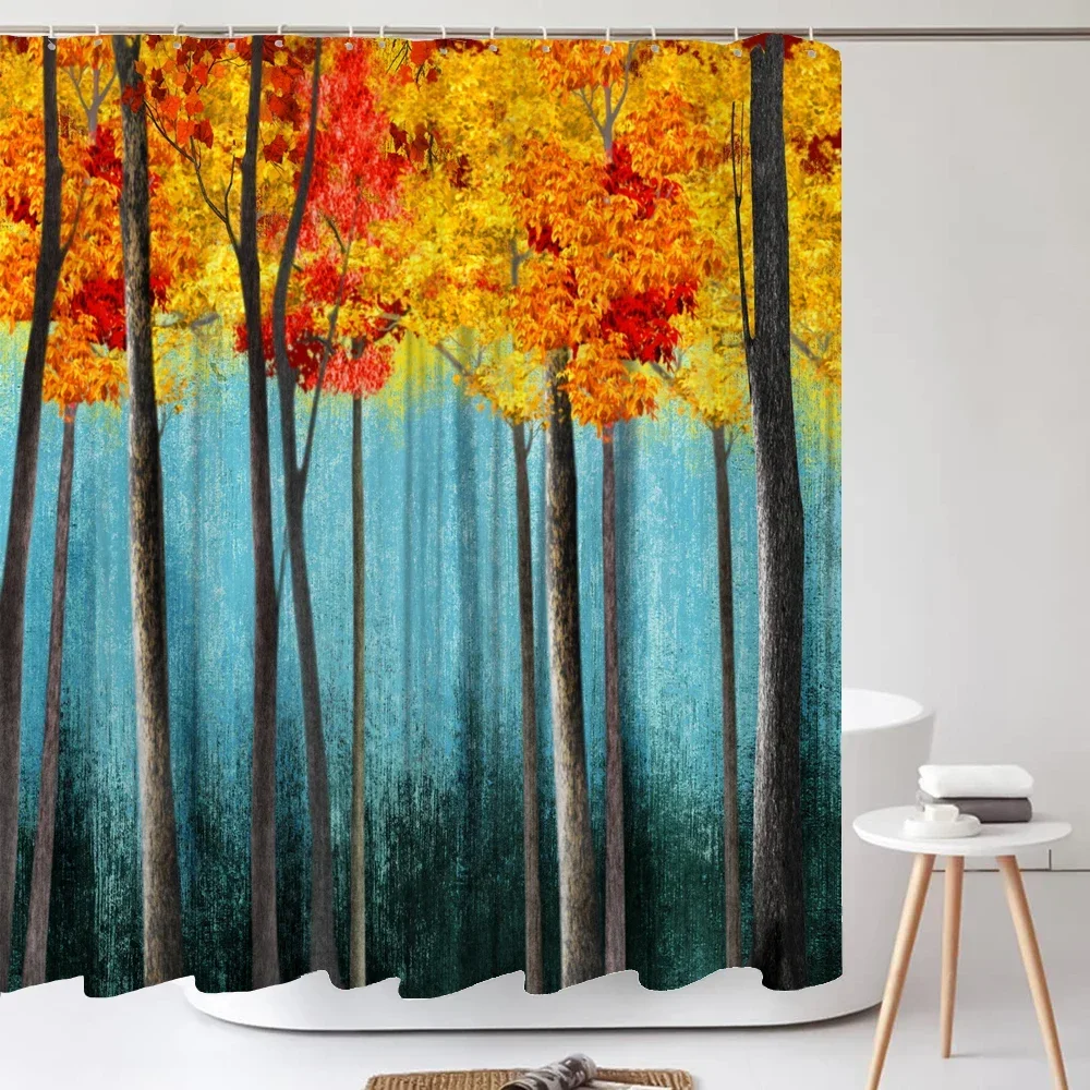 Watercolor Forest Trees Print Shower Curtain Washable Curtain with Hook Bathroom Decorative Curtain 3D Shower Curtains 240*180cm