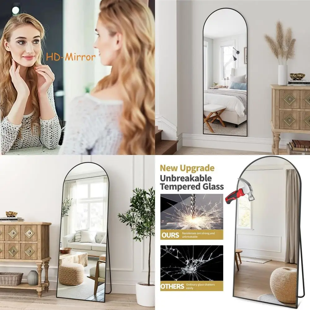 

57x20 Large Arched Floor Mirror - Leaning or Hanging, Full-Length, for Bedroom, Living Room, Dining Area, Black Alloy Frame