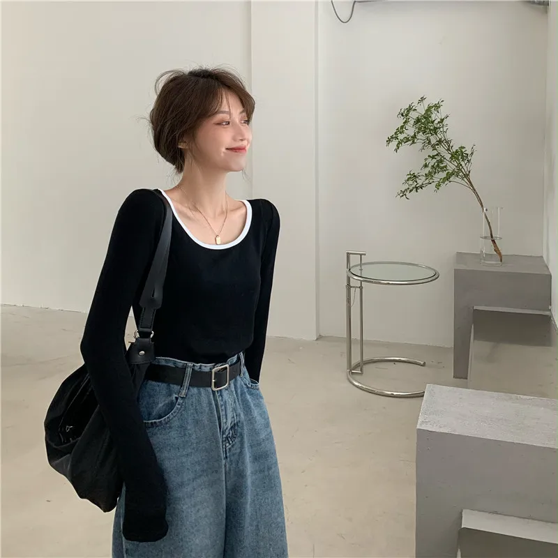 Frühen Herbst Neue Dünne Lange-ärmeln T-shirt frauen Innere Schlüsselbein Bodenbildung Shirt Kurze Top Trendy