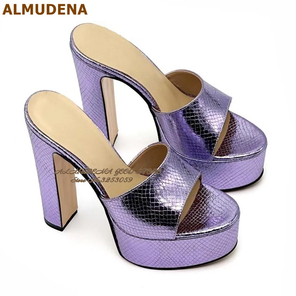 

ALMUDENA Purple Green Gold Snakeskin Chunky Heel Modern Slippers High Platform Python Open Toe Slip-on Dress Shoes Sexy Sandals