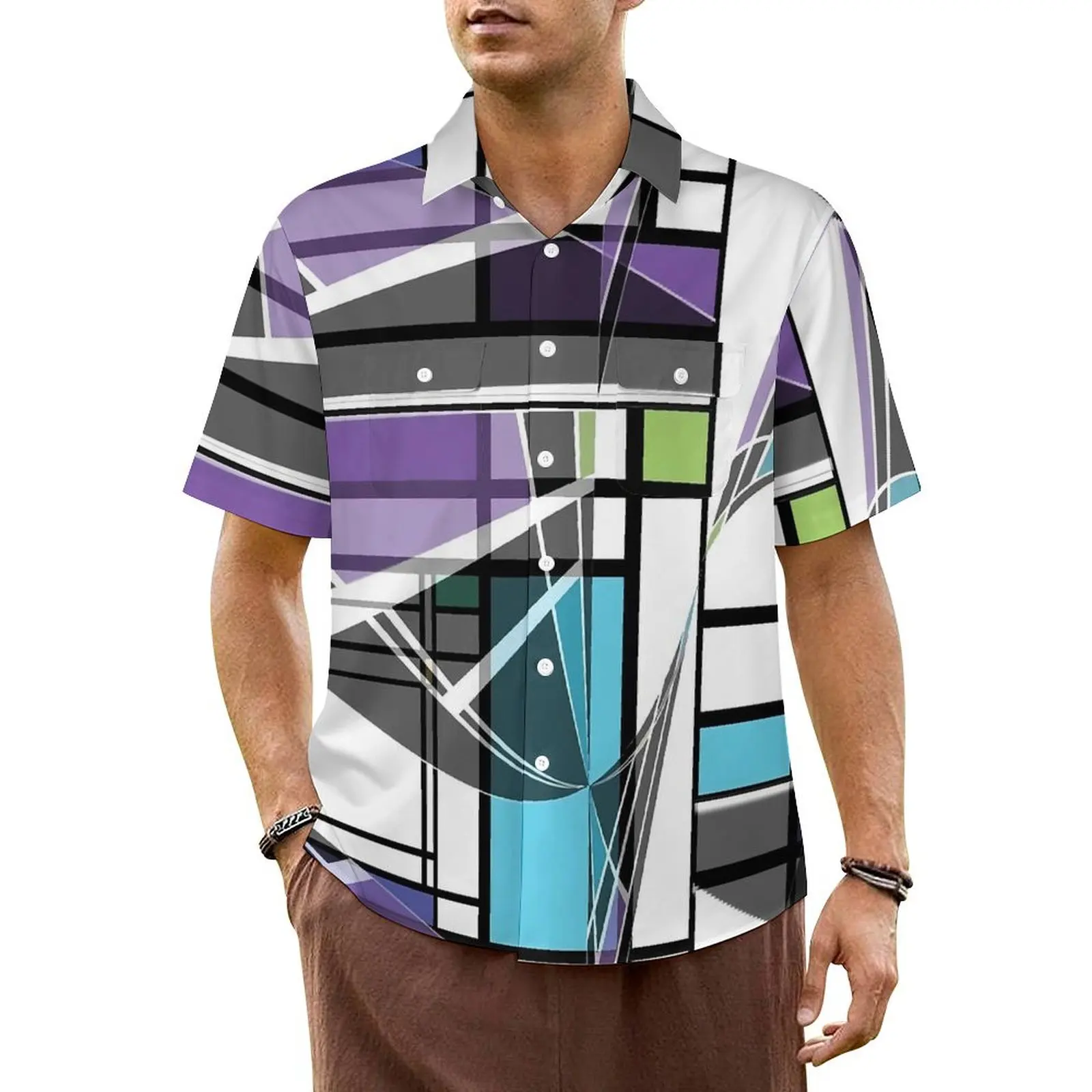 

De Stijl Summer Shirt For Male Beach Geometric Print Casual Shirts Short Sleeve Y2K Funny Graphic Cool Plus Size 6XL Blouses