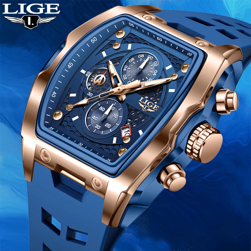 

LIGE Square Quartz Man Watch Silicone Auto Date Fashion Simple Outdoor Casual Sports Clocks Waterproof Luminous Watches for Mens