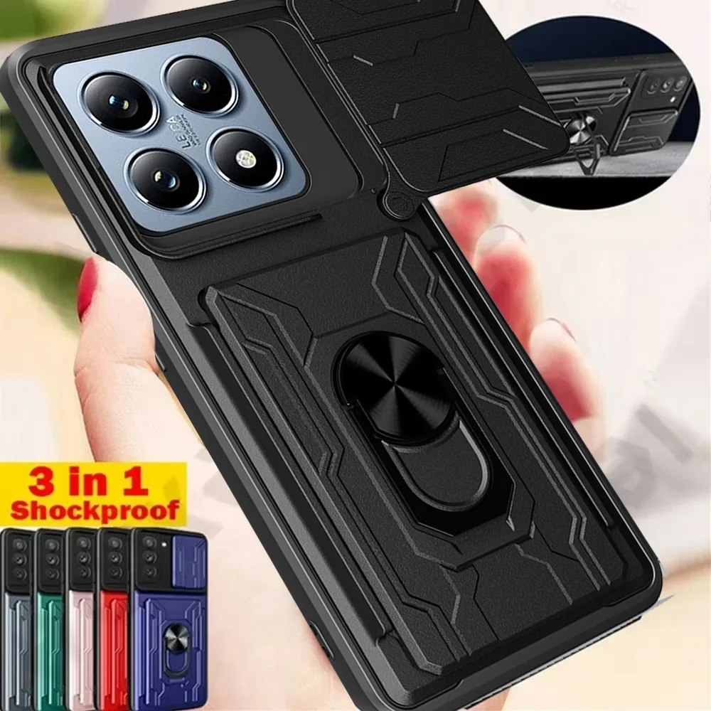 Case For Xiaomi 14T Pro 14C Redmi Note 13 Pro Plus 4G 5G Redmi Note 14 Slide Stand Ring Camera Military Grade Card Slot Cover