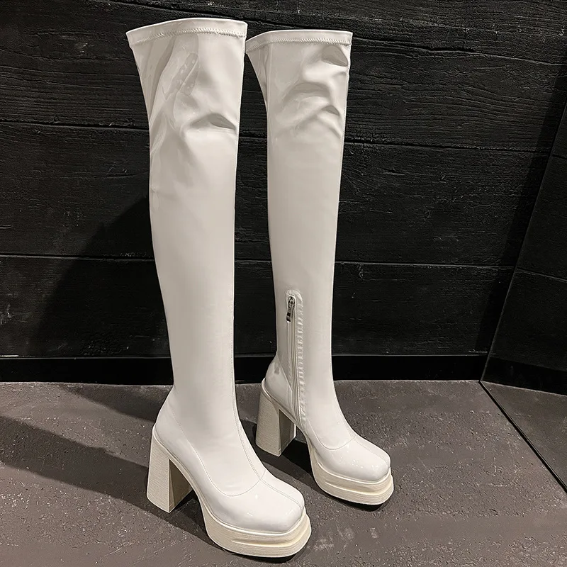 أردن فورتادو الخريف الأبيض براءات الاختراع والجلود منصة نحيل الأحذية ساحة تو الجانب سستة سوبر عالية الكعب فوق الركبة الأحذية #5