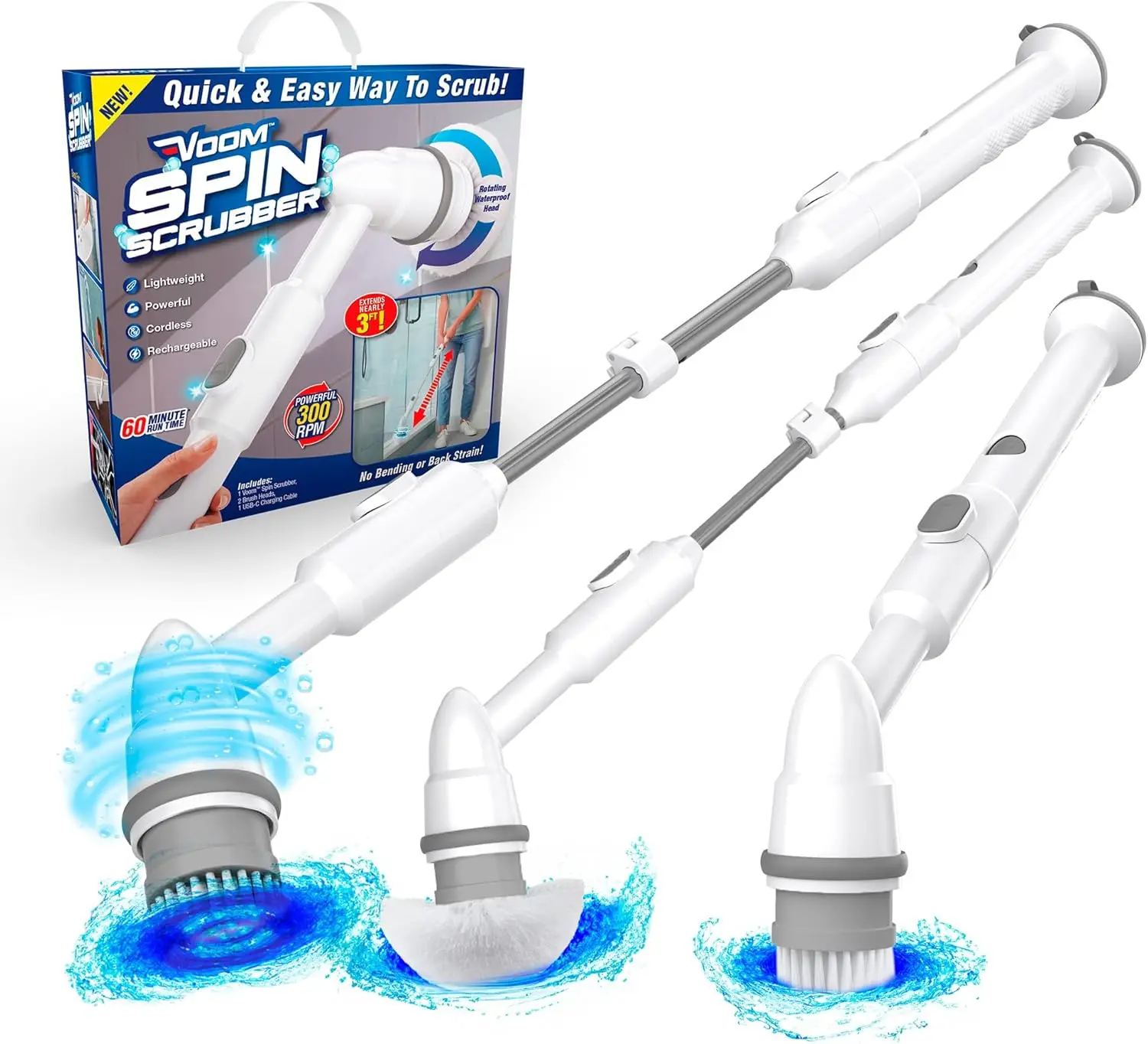 

Voom Electric Spin Scrubber, Cordless Rechargeable Shower Brush with 2 Heads & Adjustable Handle for Bathroom, Floor, Wall Tiles