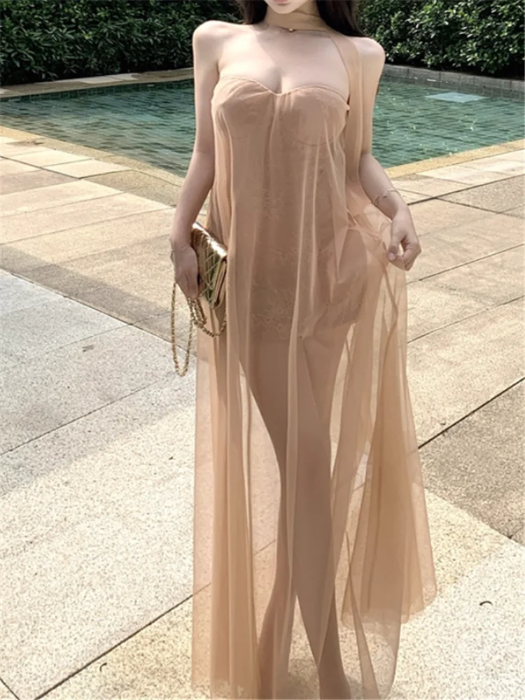 Seksowna Letnia Sukienka Bez Ramiączek w Kolorze Jasnej Kawy z Siateczki, Bez Rękawów, z Dekoltem typu Hiszpanka, Prześwitująca, Idealna na Wakacje nad Morzem, Plażowa, Długa Sukienka w Stylu Wróżki, Szata