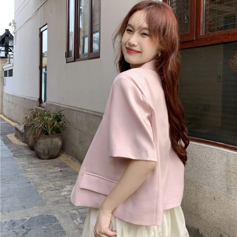 Pink Short Sleeve Suit Jacket Women 2024 Elegant Office Single Breasted Blazer Woman Summer Lapel Collar Casual Cropped Coat