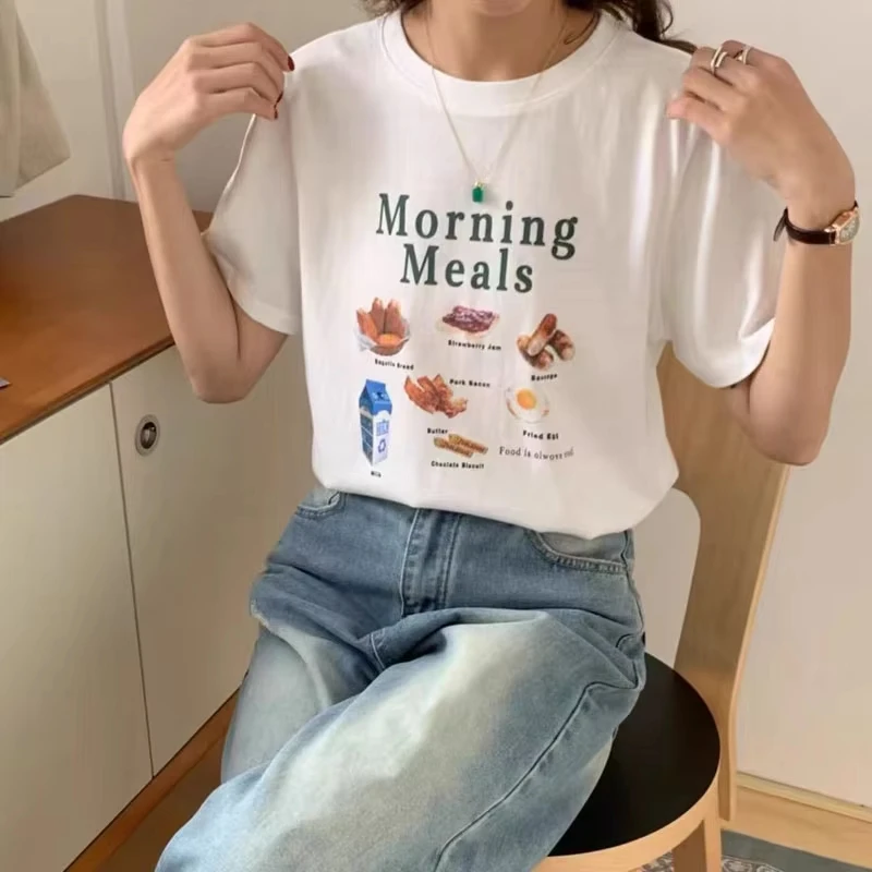 Oversized T-shir Korean Breakfast Milk Fun Printed Round Neck Casual Fashion Short Sleeve T-Shirt fo