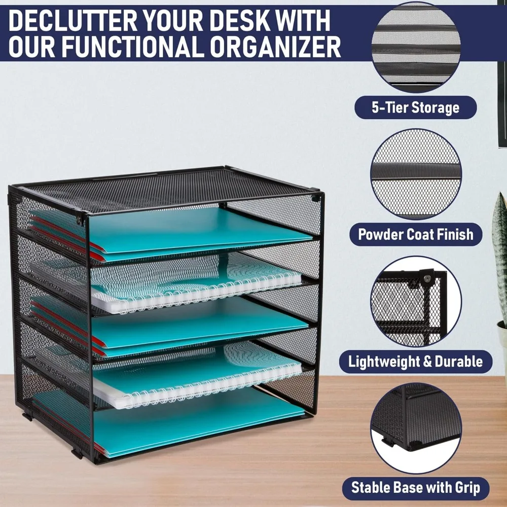 صينية تنظيم المكتب - صينية الحروف في شبكة معدنية سوداء لتنظيم الملفات والأوراق والفواتير والمجلدات والحروف والمجلدات والمزيد.