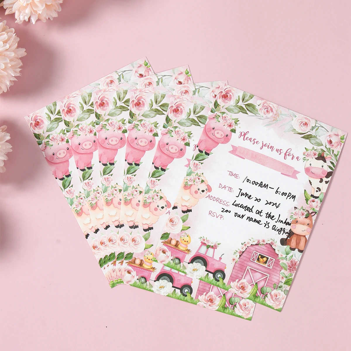 Çiftlik hayvan davetiyesi teşekkür ederim kart pembe çiftlik parti malzemeleri mutlu doğum günü kızlar hediyeler zarf bebek duş parti süslemeleri