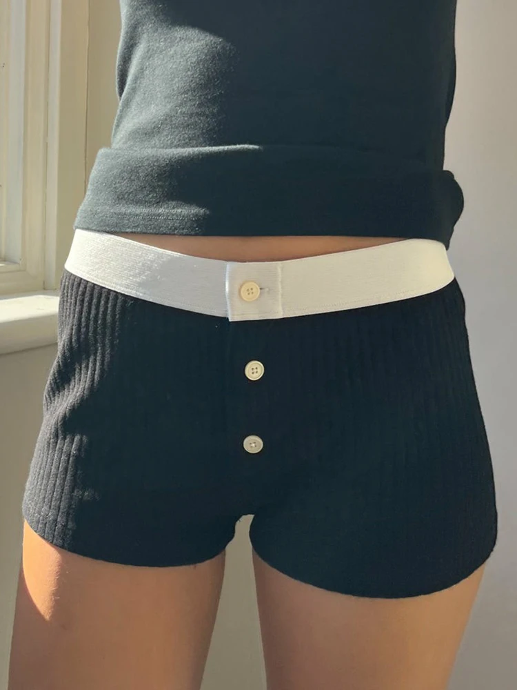 Short de survêtement Vintage en coton côtelé pour femmes, pantalon court décontracté, Patchwork, taille haute, Streetwear, Slim, Y2k, été