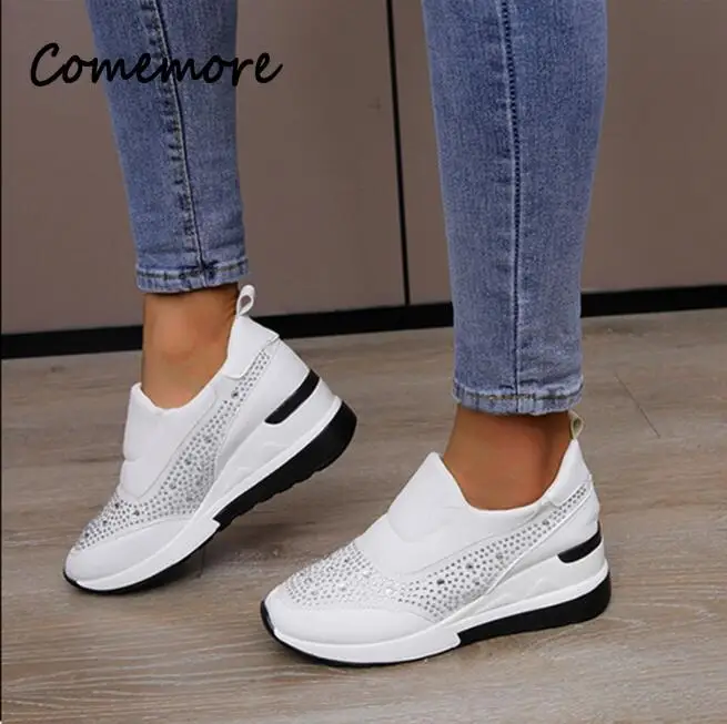 Sneakers Woman\'s High Black White Pink Sneakers for Women Outdoor Sports New Rhinestone Female Wedges Heel Sneaker Spring Autumn