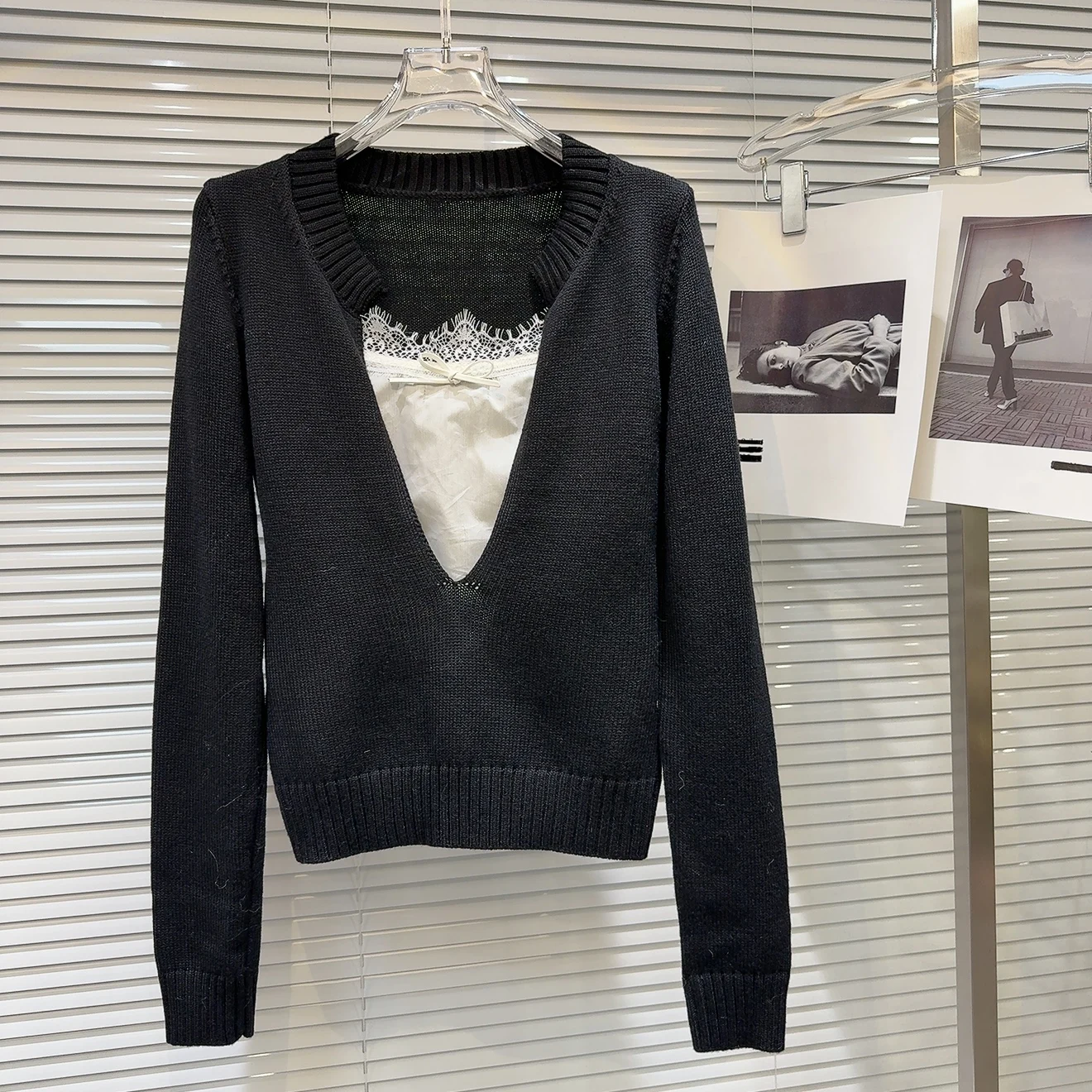 Trendy Lace Splicing Color Blo V-ne Strickpullover Frühling 2026 Ele Ladylike Small IRT für junge Frauen