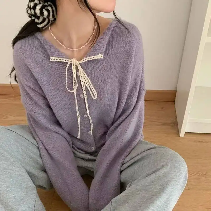 

Женские бандажные кружевные свитера с лацканами, осень-зима, новый однотонный универсальный мягкий трикотаж, женский вязаный кардиган с длинными рукавами