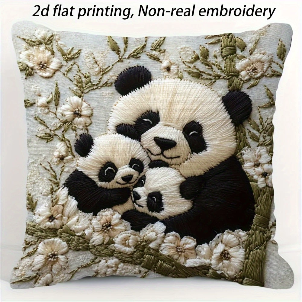1pc Panda family 2D printed pillow cover, 100% polyester fiber, suitable for living room and sofa decoration, machine washable
