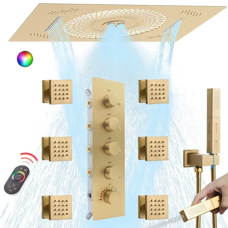 Brushed Gold 16x24inch Waterfall Mist Showerhead LED Multi Functions Full Body Thermostatic Shower System Set