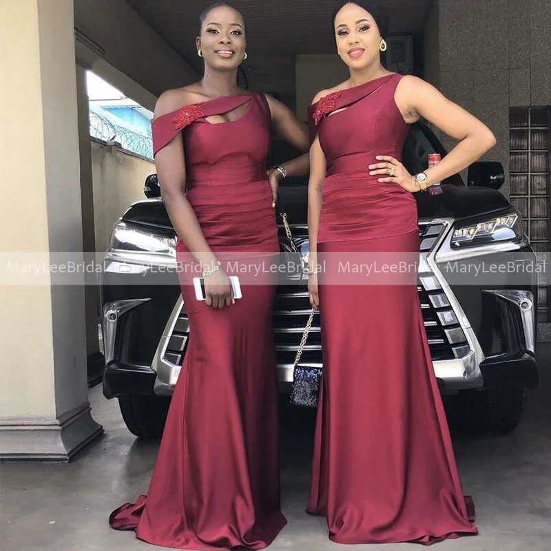 

One Shoulder Burgundy Satin Bridesmaid Dresses with Cascade African Women Fuchsia Mermaid Wedding Reception Dress Party Gowns