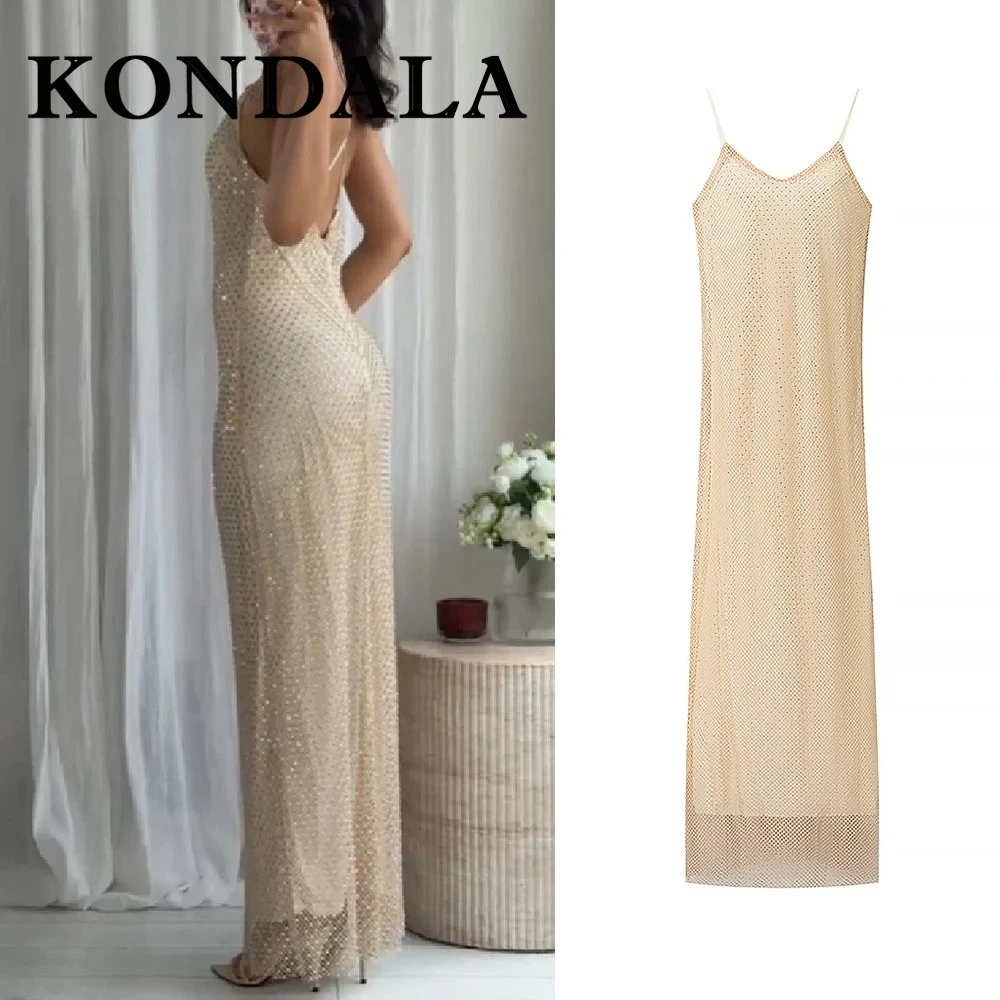 KONDALA Chic Sexy 2025 Donna elegante Abito senza schienale Guaina Night Party Abito lungo lucido Cami Compleanno Slim Cami Abiti femminili