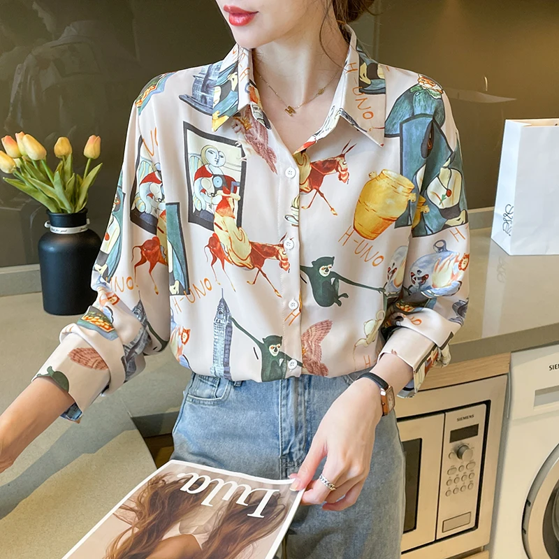 Fashion printing ladies shirts New elegant Women\'s Blouses 2023 Spring Autumn Long Sleeve Shirts Tops Blusas Mujer