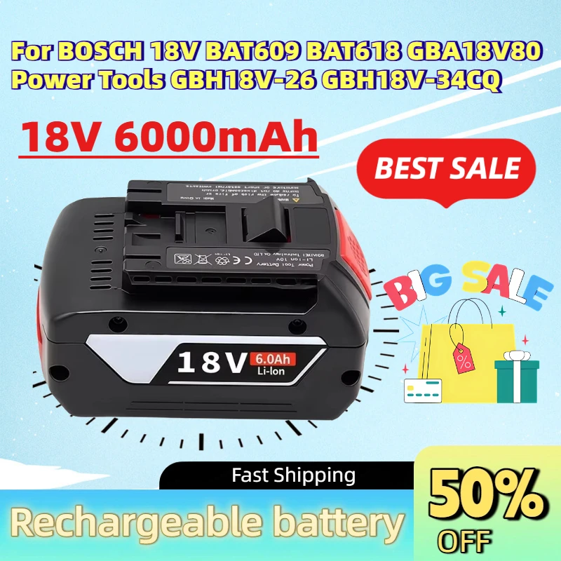 For BOSCH 18V BAT609 BAT618 GBA18V80 Power Tools GBH18V-26 GBH18V-34CQ Large Capacity 18V 6000mAh Backup Replacement Battery