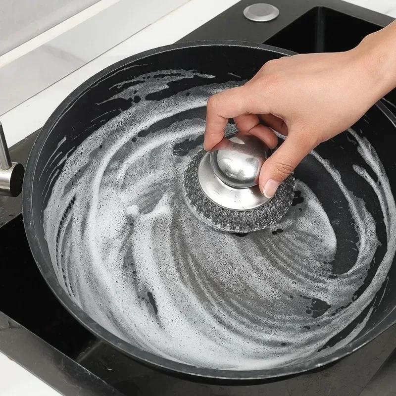 المطبخ وعاء من الستانليس ستيل فرشاة مع مقبض غسل الصحون الفولاذ المقاوم للصدأ الكرة الثقيلة المعادن الغسيل وعاء عموم أدوات تنظيف