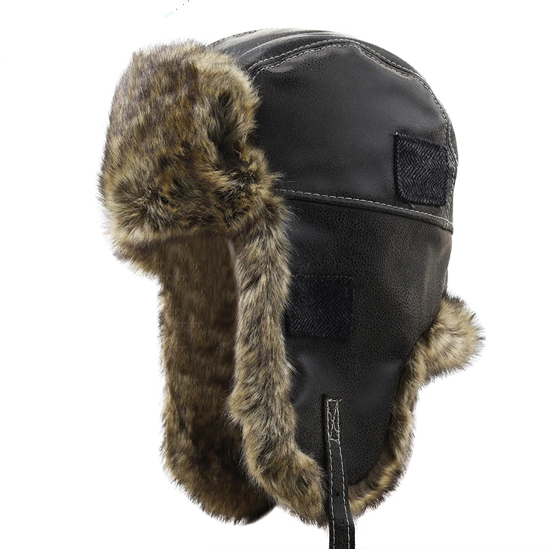 Bomber Hats Winter Men Warm Russian Ushanka Hat with Ear Flap Pu Leather Fur Trapper Cap Earflap for Women