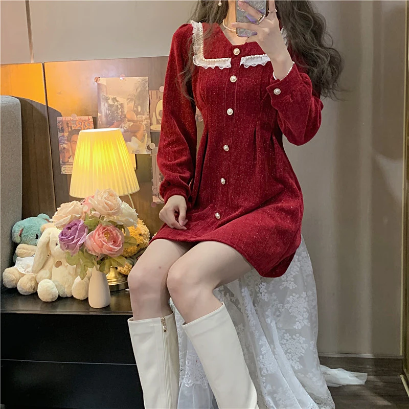 Sweet Dresses Women Corduroy Autumn Winter Temperament A-line Elegant French Style Retro Slim Bling All-match Chic Schoolgirls