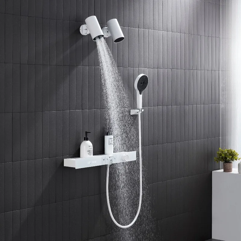Gun Grey Chrome Thermostatic Digital Concealed Shower Set with White Buttons Bathroom Pressure Boosting Kit