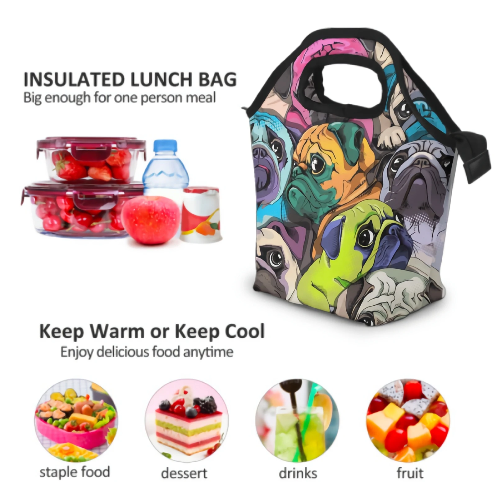 Pug Lunch Bag Colorful Dog Pet Insulated Cooler Portable Cartoon Animal Face Lunch Box Zipper Picnic Handbag for Work School