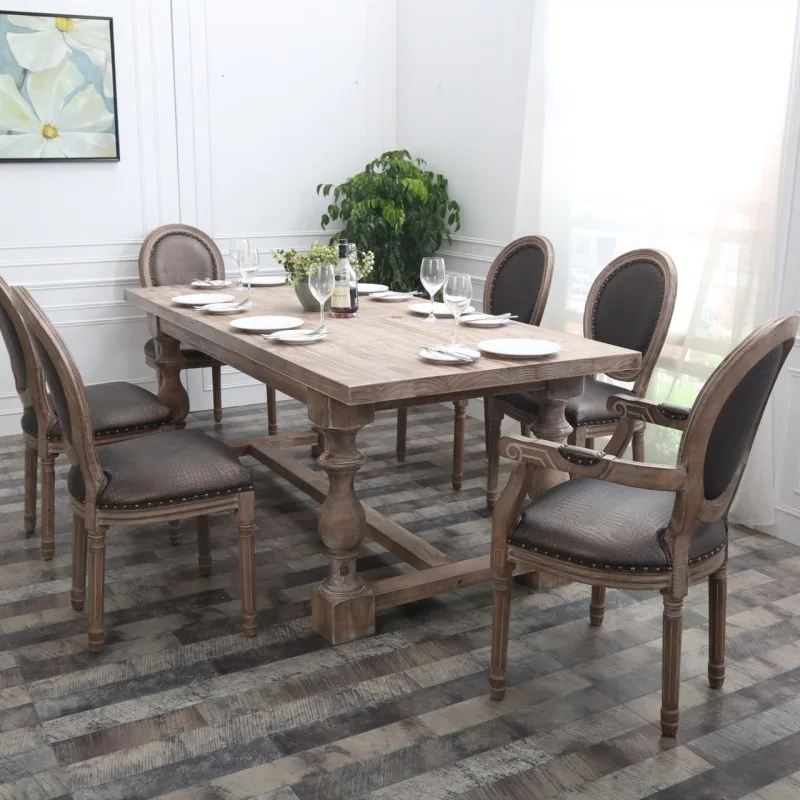 American country old retro style solid wood dining table rectangular household Roman column
