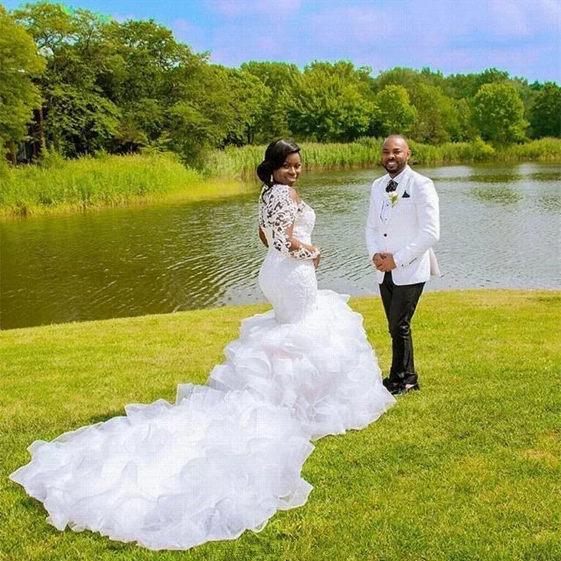 تخصيص يهتف الكشكشة قطار طويل حورية البحر فستان الدانتيل مطرز بالإضافة إلى حجم ثوب الزفاف الأفريقي