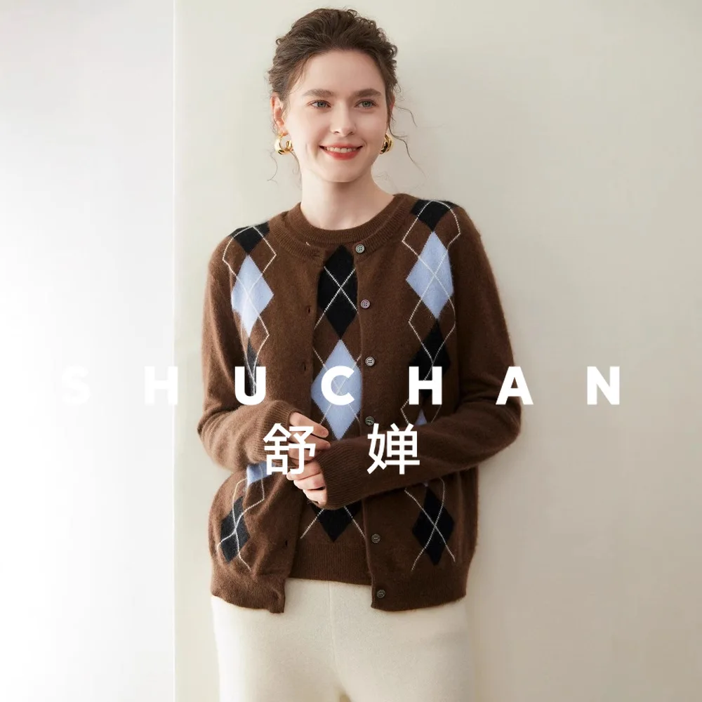 

Осень-зима 2022, новый шерстяной кашемировый женский жаккардовый вязаный кардиган с круглым вырезом, свитер, куртка, топ