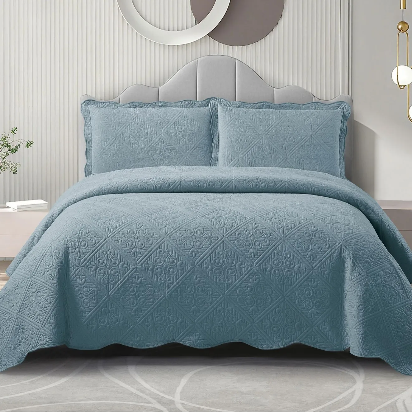 

Solid Color Embroidered Quilt Set 3PCS, Washed Cotton Bedspread, Soft Pre-washed Minimalist Style Quilted Cover, Home Decor