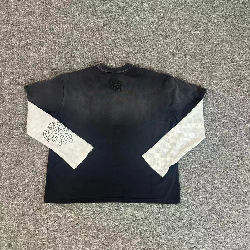 

Hip Hop Mertra Patchwork Waffle Long Sleeved T-Shirt Vintage Washed Black Damaged Hole Cotton Double Sleeves T Shirt Tops Tee
