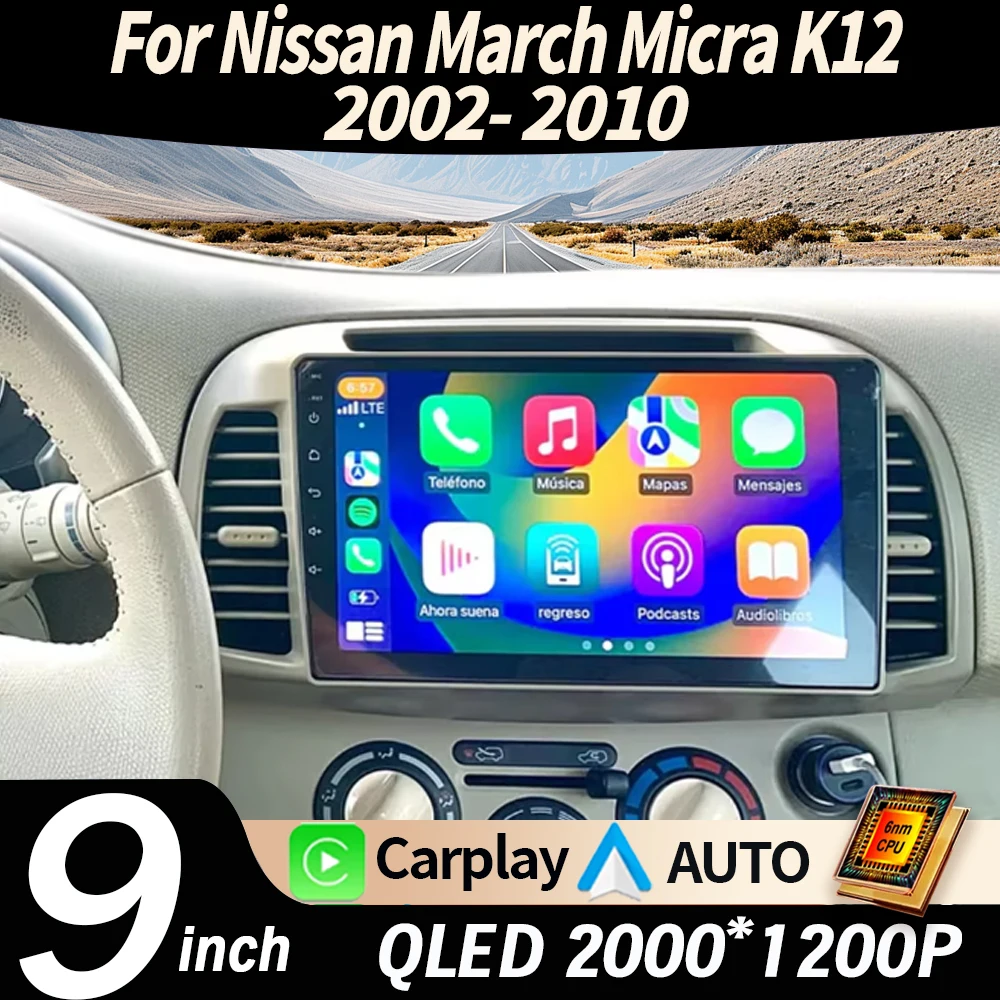 Radio para Auto Android 16 para Nissan March Micra K12 2002-2010, Estéreo Multimedia Inalámbrico, Carplay, Android Auto, Navegación, Unidad Principal