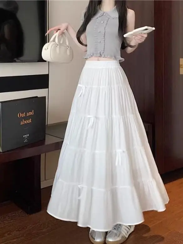 Summer Thin  Knot High Waist Slim Pure Color A-Line Skirt New 2026 Elegant Versatile Half-length Women's Dress