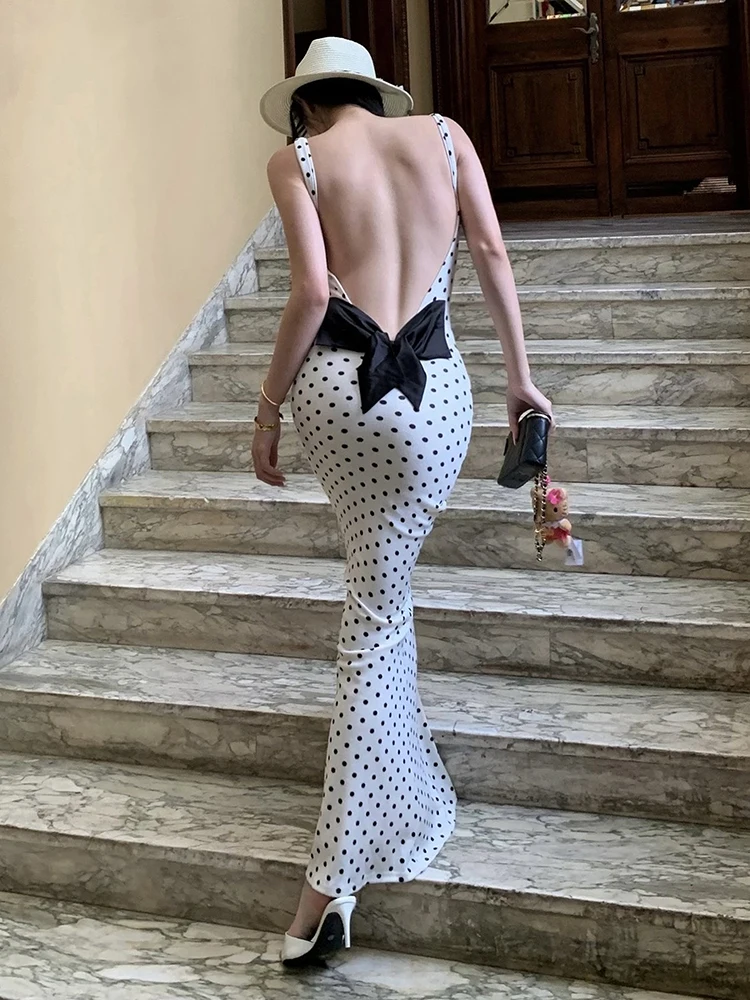 Nibber Sommer-Trend Maxikleid mit Schleifendekoration für Damen, rückenfrei, ärmellos, Polka-Dot-Print, elegant, schick, für Urlaub und Party