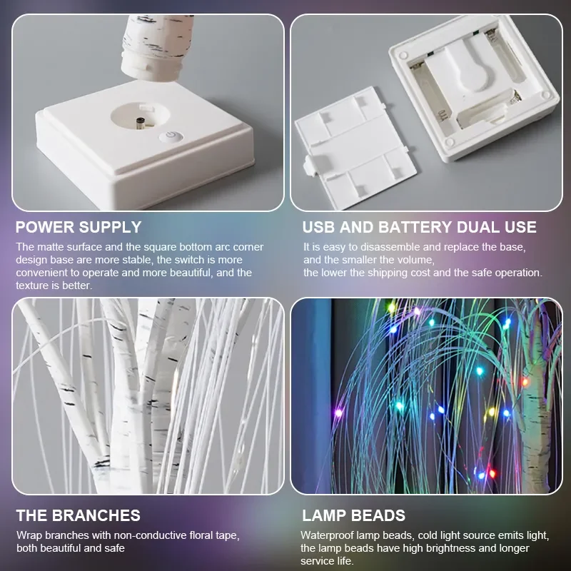 60cm LED Willow Night Light Timeable Christmas Decorations Table Lamp With 7 Modes Remote  Control For Wedding Party Home Decor