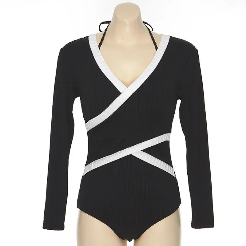 2024 كم طويل أسود قطعة واحدة ملابس السباحة النساء مثير لباس سباحة الكورية Monokini ارتداءها الشاطئ ثوب السباحة السباحة