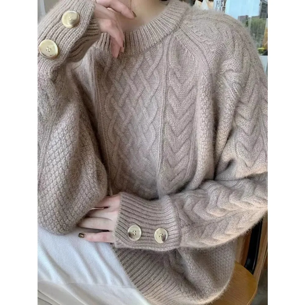 

Сверхмощный утолщенный плетеный свитер из чистой шерсти, женский свитер с круглым вырезом, свободный пуловер, вязаный базовый топ