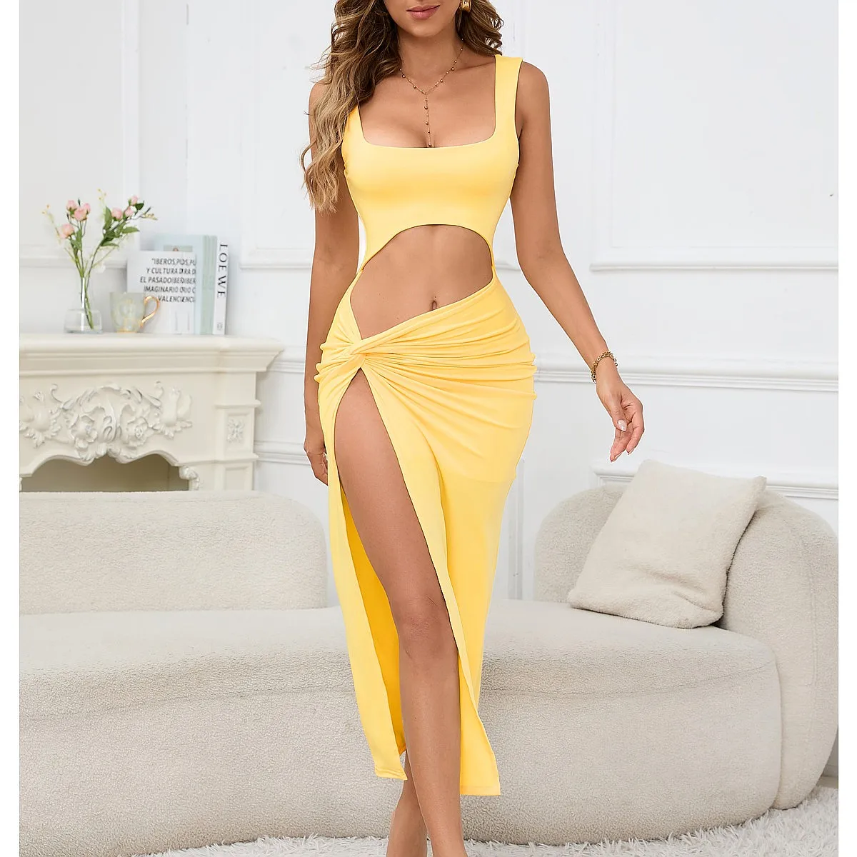 Hollow Out Solid Color Camisole Dress Women Summer Spring Sleeveless Bodycon Dresses Overall Jumpsuit Playsuit