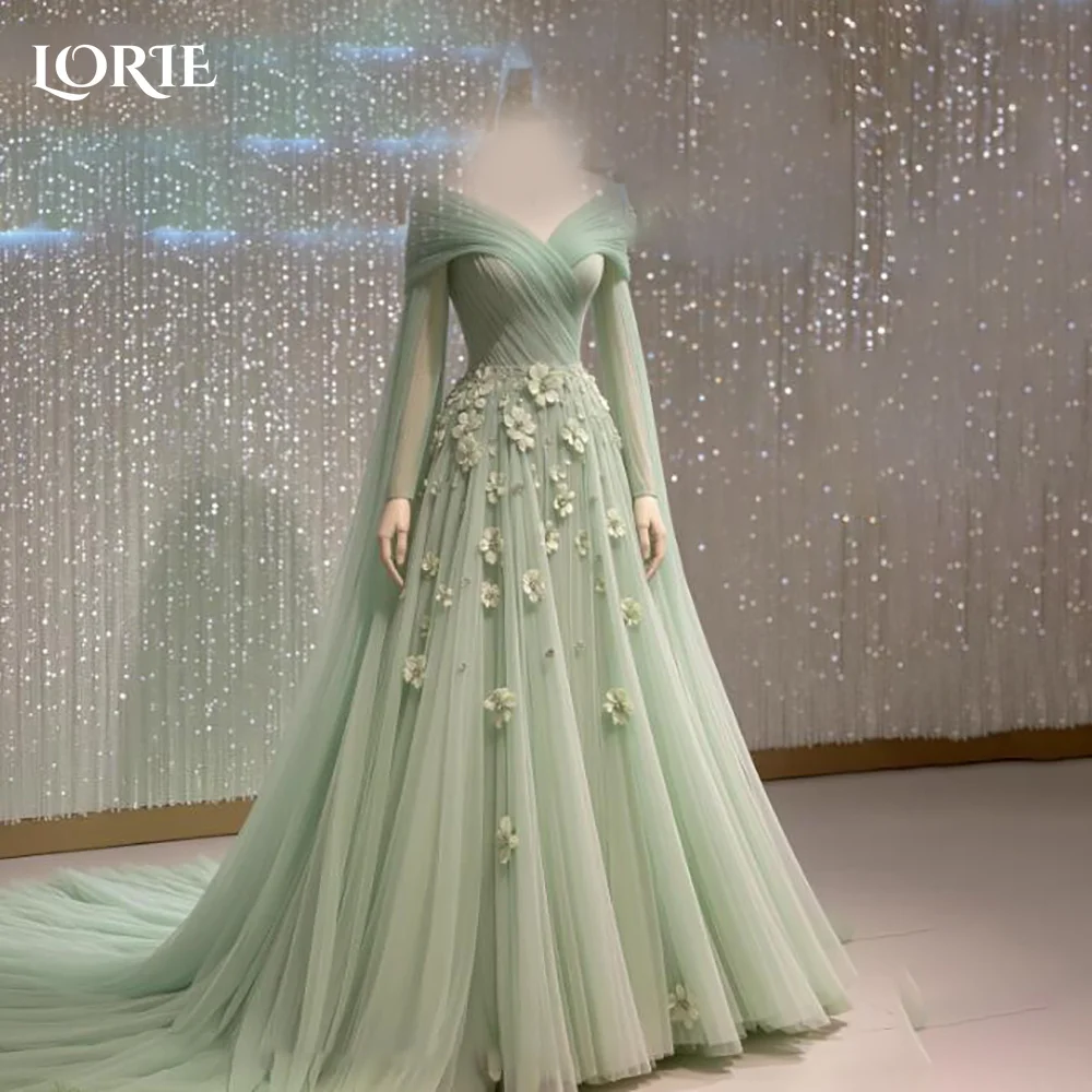 LORIE فستان الحفلات السعودية من الدانتيل بأكمام طويلة مزين على شكل حرف a فستان سهرة للحفلات الراقصة ثلاثية الأبعاد فستان حفلات الوهم على شكل زهرة نادي مخصص