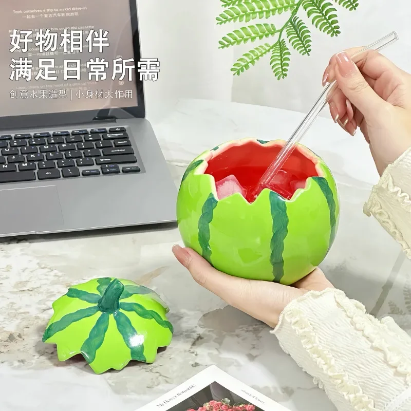 Watermelon Shaped Ceramic Mug with Lid Cute Coffee Cup Office Drinking Cup Artistic Decoration Mug Household Drinking Utensil