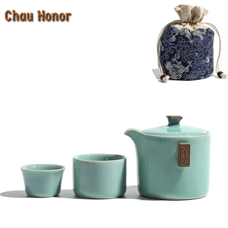 

Longquan Celadon Ge Kiln Travel Tea Set Kit Creative 1 Pot 2 Cups Tea Maker Organizer Portable Camping Tote Cloth Bag Collection
