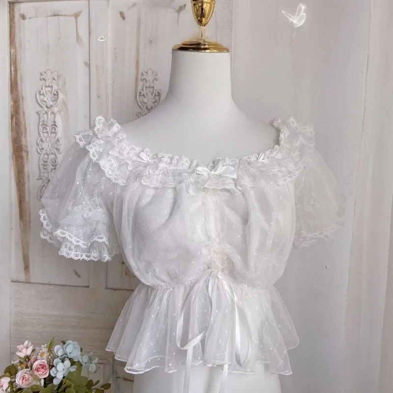 Women Elegant Short Puff Sleeve Shirt Lace Ruffle Bow Japanese Sweet Top Kawaii Lolita Inner Wear Blouse