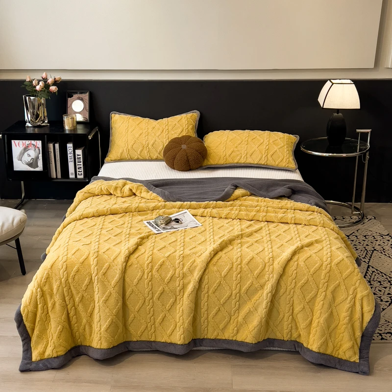 Thick Warm Fleece Throw Blanket Soft Cozy Office Nap Blanket Double Layer for Couch Sofa Bed Shoulder Wrap Winter Yellow
