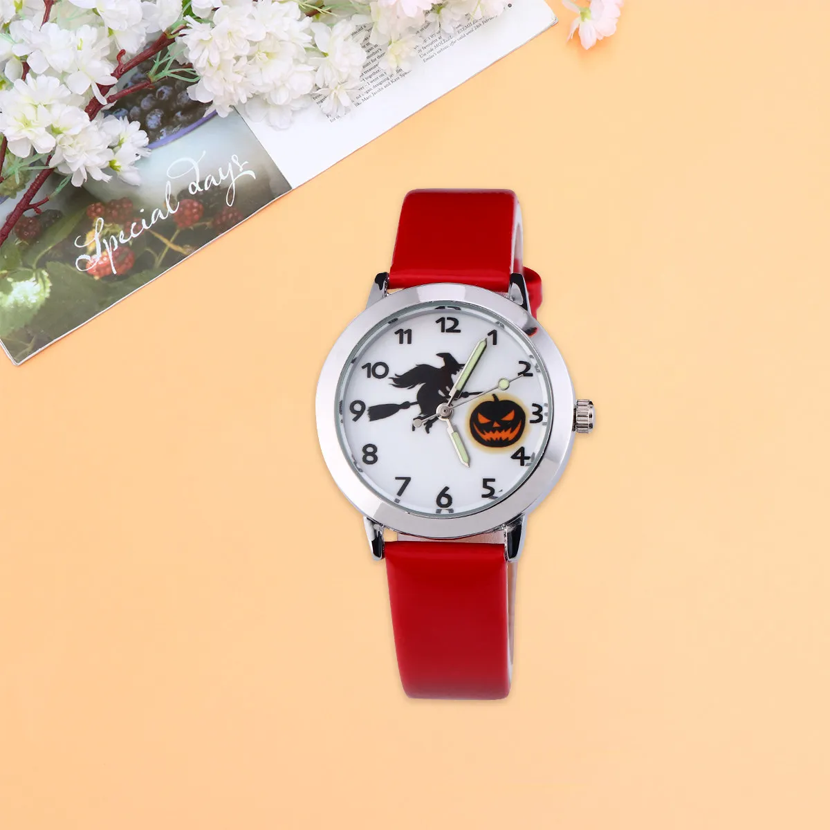 1Pcs Kids Watch Luminous Pointer Halloween Pumpkin Quartz Wristwatch Red Cute Gift for Children Quartz Watch for Kids